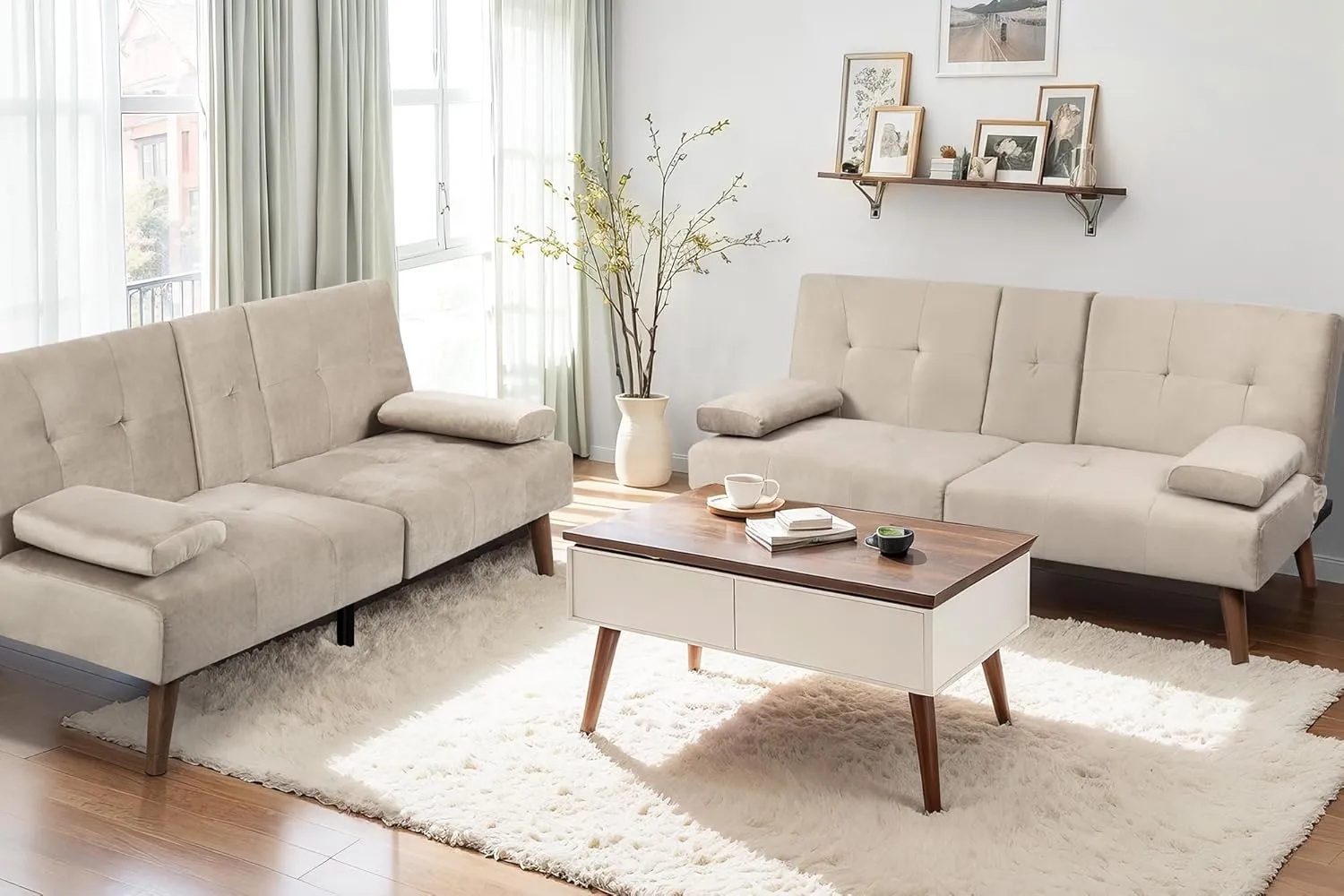 JAMFLY Futon Couch Sofa Bed Convertible, Small Sleeper Sofa Chair Loveseat with Cup Holder for Small Spaces, Living Room, Bedroom, Gameroom, Apartment, Dorm (Beige)