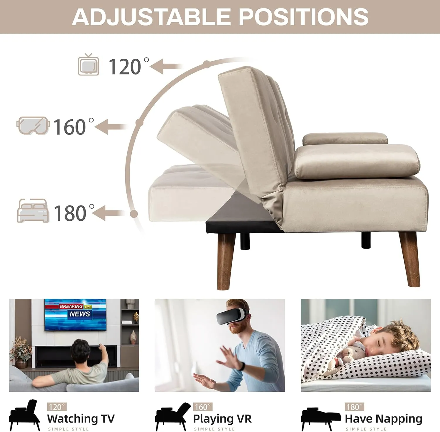 JAMFLY Futon Couch Sofa Bed Convertible, Small Sleeper Sofa Chair Loveseat with Cup Holder for Small Spaces, Living Room, Bedroom, Gameroom, Apartment, Dorm (Beige)
