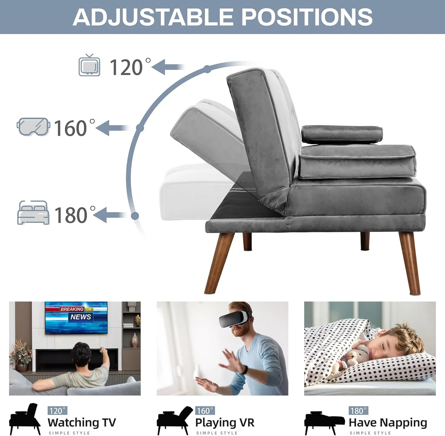 JAMFLY Futon Couch Sofa Bed Convertible, Small Sleeper Sofa Chair Loveseat with Cup Holder for Small Spaces, Living Room, Bedroom, Gameroom, Apartment, Dorm (Light Gray)