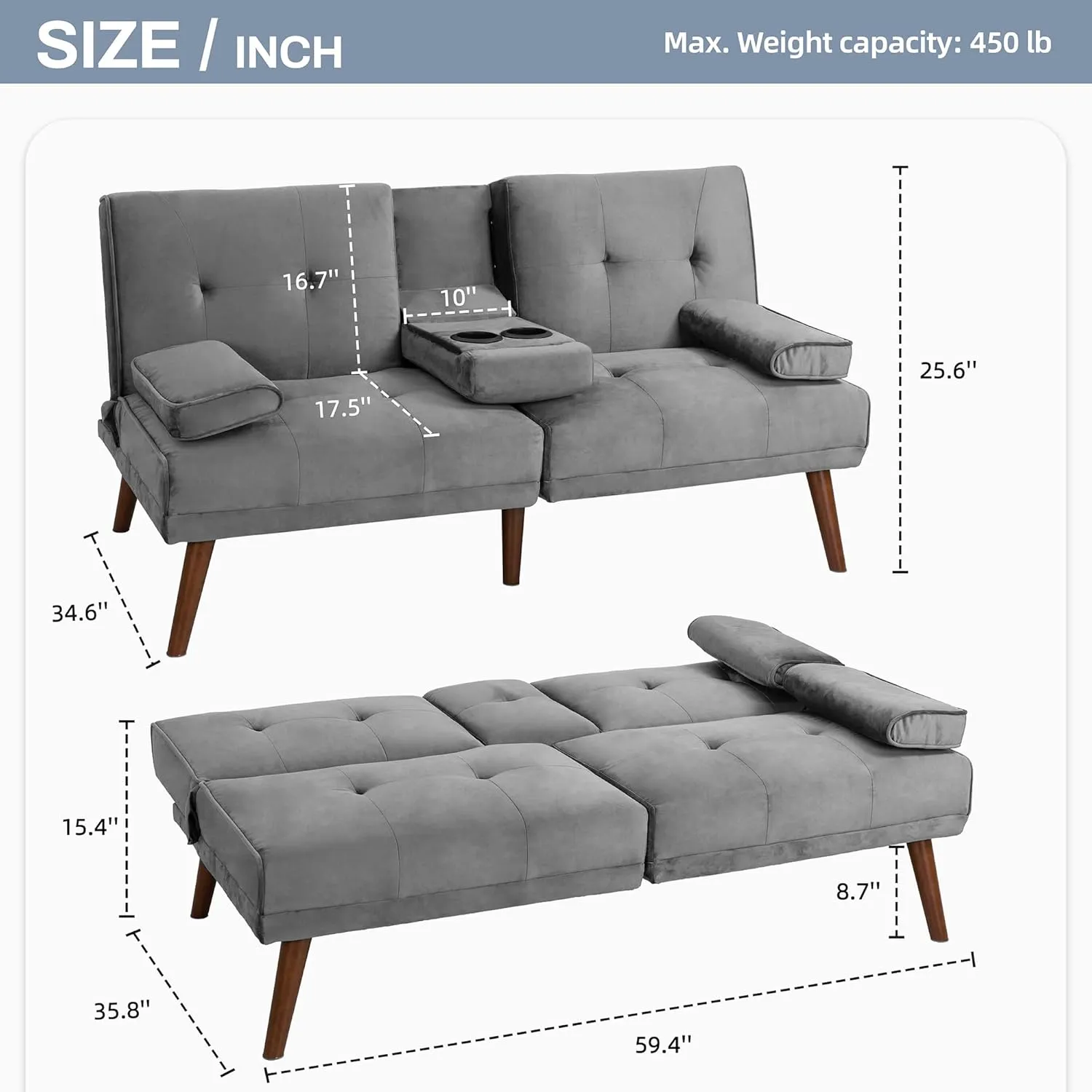 JAMFLY Futon Couch Sofa Bed Convertible, Small Sleeper Sofa Chair Loveseat with Cup Holder for Small Spaces, Living Room, Bedroom, Gameroom, Apartment, Dorm (Light Gray)