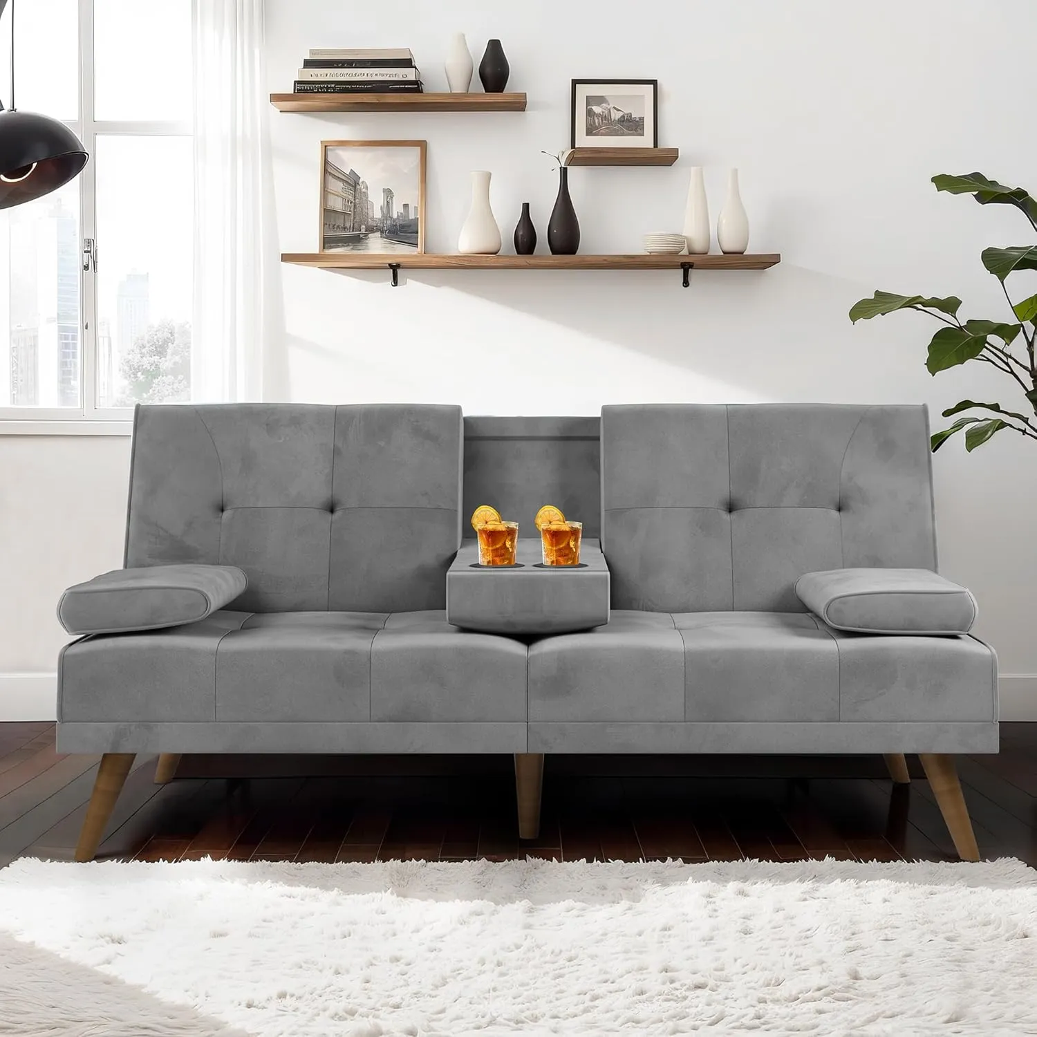 JAMFLY Futon Couch Sofa Bed Convertible, Small Sleeper Sofa Chair Loveseat with Cup Holder for Small Spaces, Living Room, Bedroom, Gameroom, Apartment, Dorm (Light Gray)