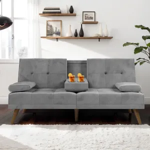 JAMFLY Futon Couch Sofa Bed Convertible, Small Sleeper Sofa Chair Loveseat with Cup Holder for Small Spaces, Living Room, Bedroom, Gameroom, Apartment, Dorm (Light Gray)