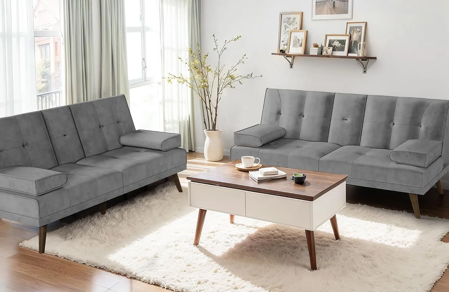 JAMFLY Futon Couch Sofa Bed Convertible, Small Sleeper Sofa Chair Loveseat with Cup Holder for Small Spaces, Living Room, Bedroom, Gameroom, Apartment, Dorm (Light Gray)