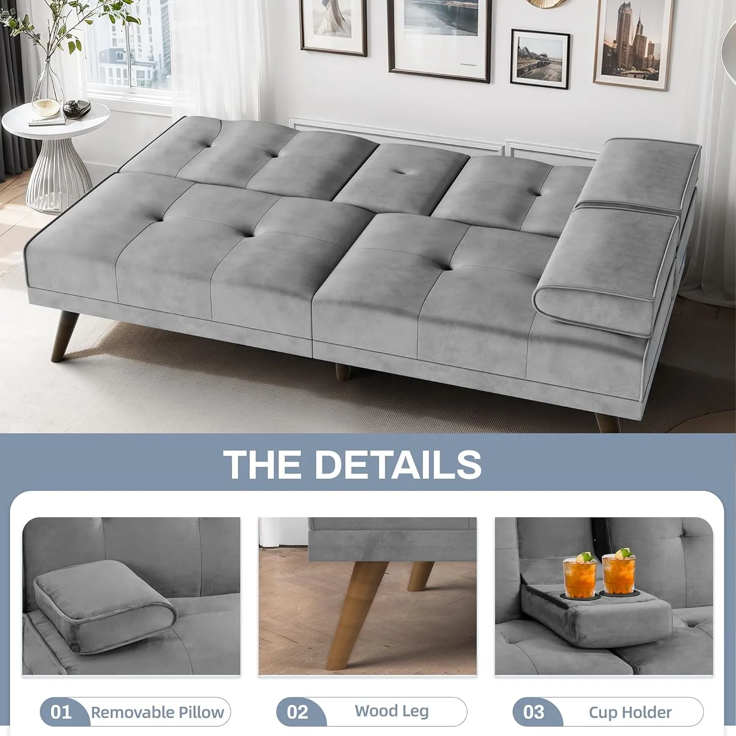 JAMFLY Futon Couch Sofa Bed Convertible, Small Sleeper Sofa Chair Loveseat with Cup Holder for Small Spaces, Living Room, Bedroom, Gameroom, Apartment, Dorm (Light Gray)
