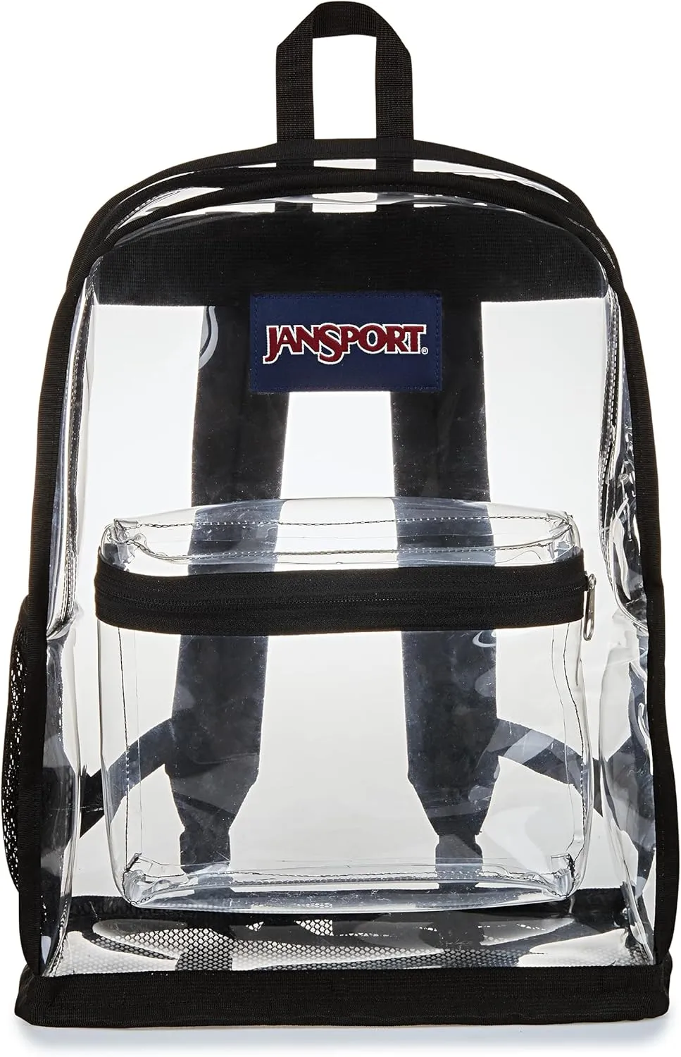 JanSport Clear Pack – 25.5L Transparent Backpack, Large Main Compartment, Side Water Bottle Pocket, Front Zippered Pocket, Mesh Bottom Panel, Clear