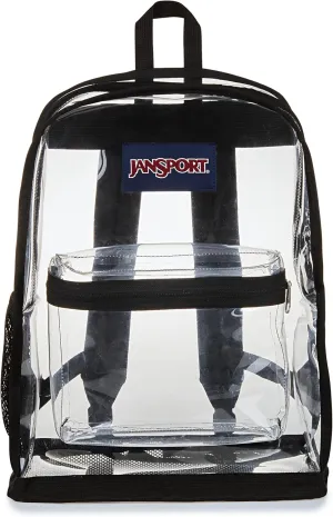 JanSport Clear Pack – 25.5L Transparent Backpack, Large Main Compartment, Side Water Bottle Pocket, Front Zippered Pocket, Mesh Bottom Panel, Clear