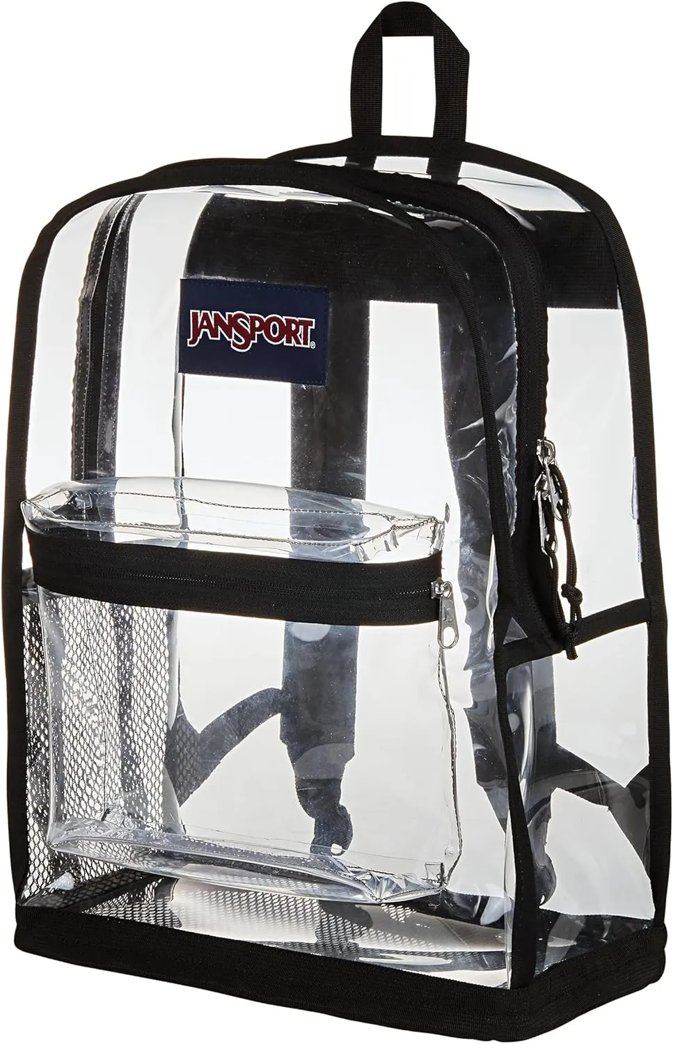 JanSport Clear Pack – 25.5L Transparent Backpack, Large Main Compartment, Side Water Bottle Pocket, Front Zippered Pocket, Mesh Bottom Panel, Clear