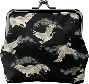 Japanese Crane & Pine print Coin Purse with Kiss Lock Buckle Small Change Purse Card Holder Coin Pouch for Women
