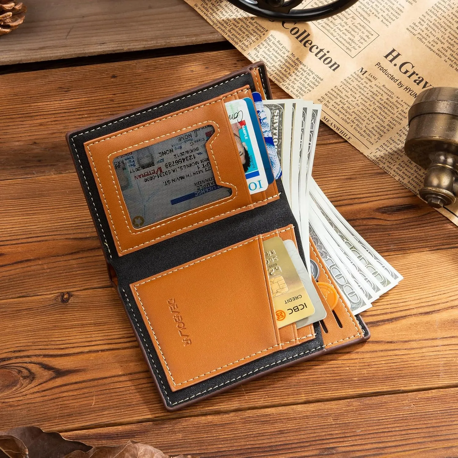 JewelOra Personalized Men's Photo Wallet, Custom Engraved Text Wallet Personalized Men's Zipper Wallet Birthday Christmas Gift for Husband, Dad, Son, Boyfriend(Brown-1)
