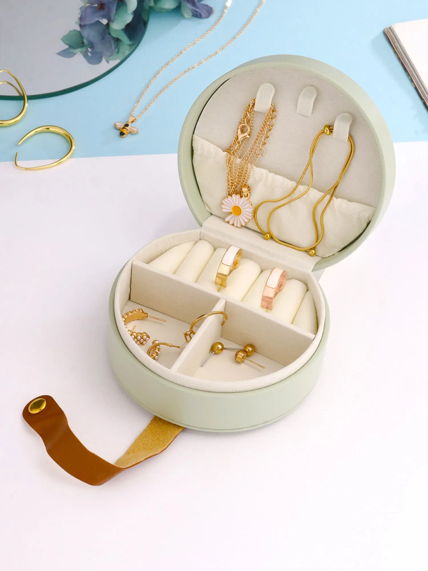 Jewelry Box Organiser: PU Leather Storage Box for Bangles & Earrings | Mint Green | 11cm x 10cm