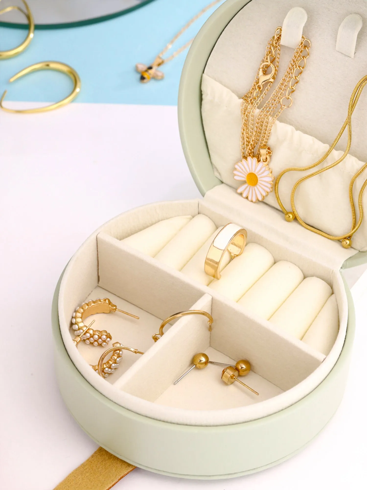 Jewelry Box Organiser: PU Leather Storage Box for Bangles & Earrings | Mint Green | 11cm x 10cm