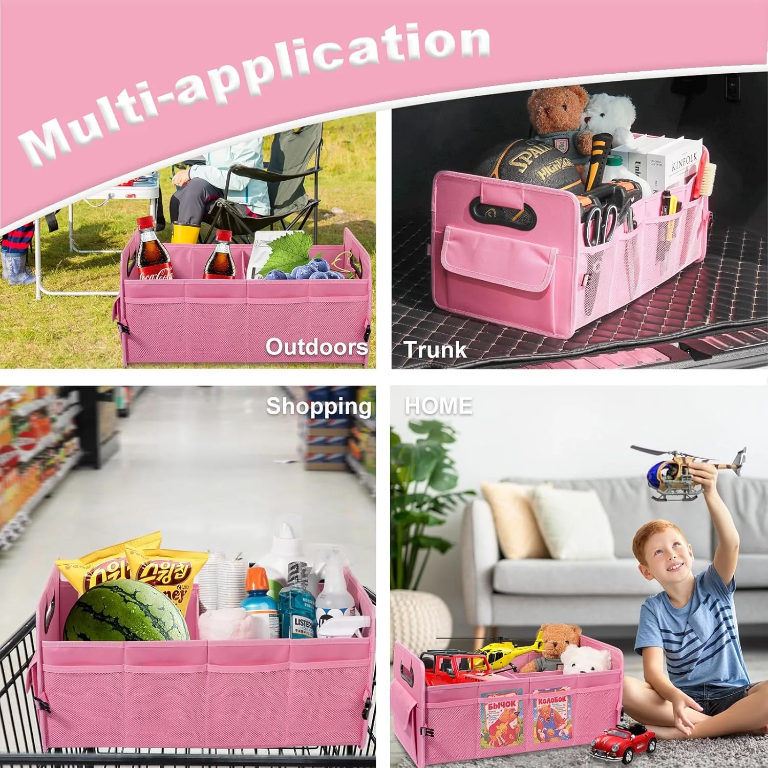 JiatuA Car Trunk Organizer, Car Organizers and Storage Collapsible Multi Compartment Container Box, Adjustable Car Accessories for SUV Sedan Truck, Standard Size, Pink