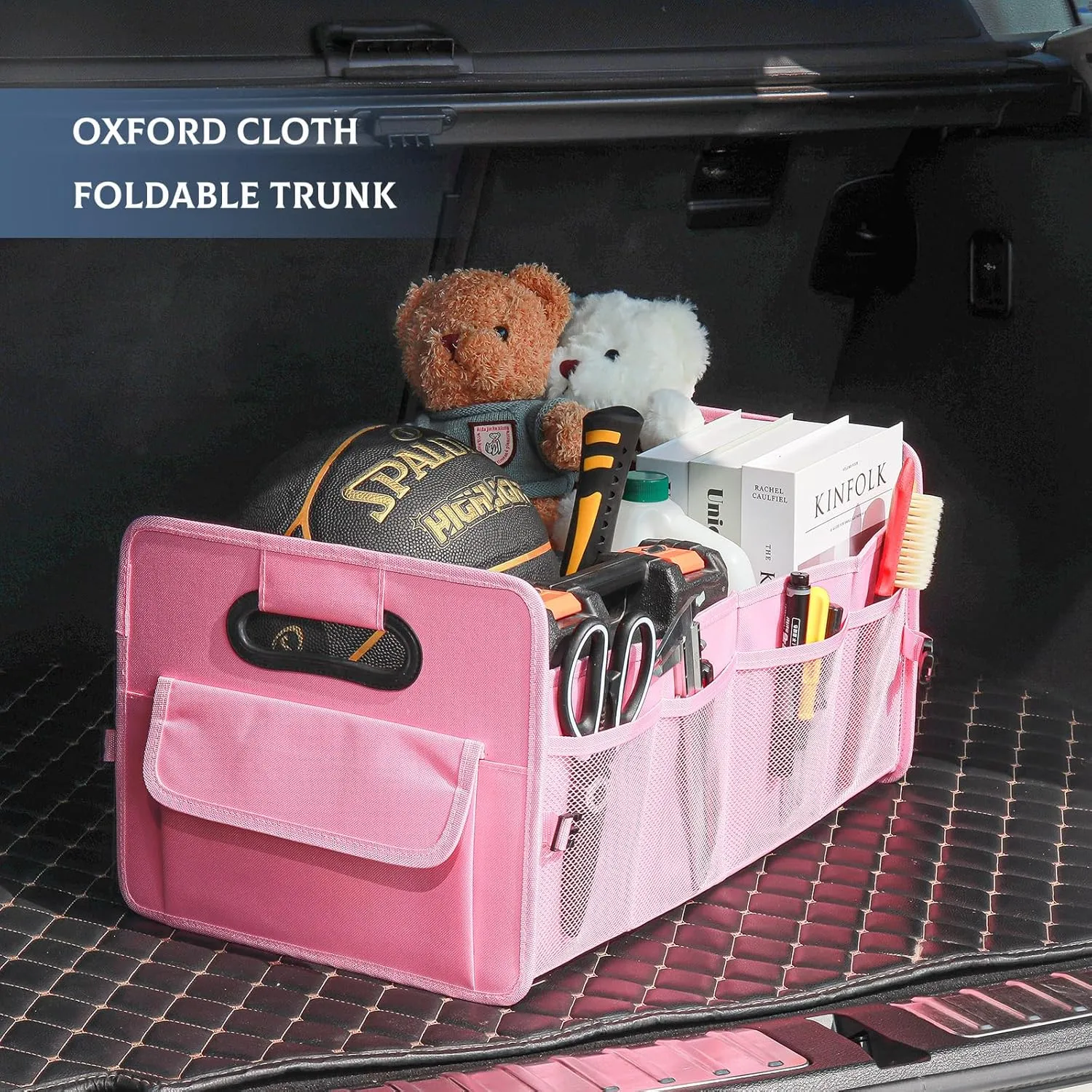 JiatuA Car Trunk Organizer, Car Organizers and Storage Collapsible Multi Compartment Container Box, Adjustable Car Accessories for SUV Sedan Truck, Standard Size, Pink