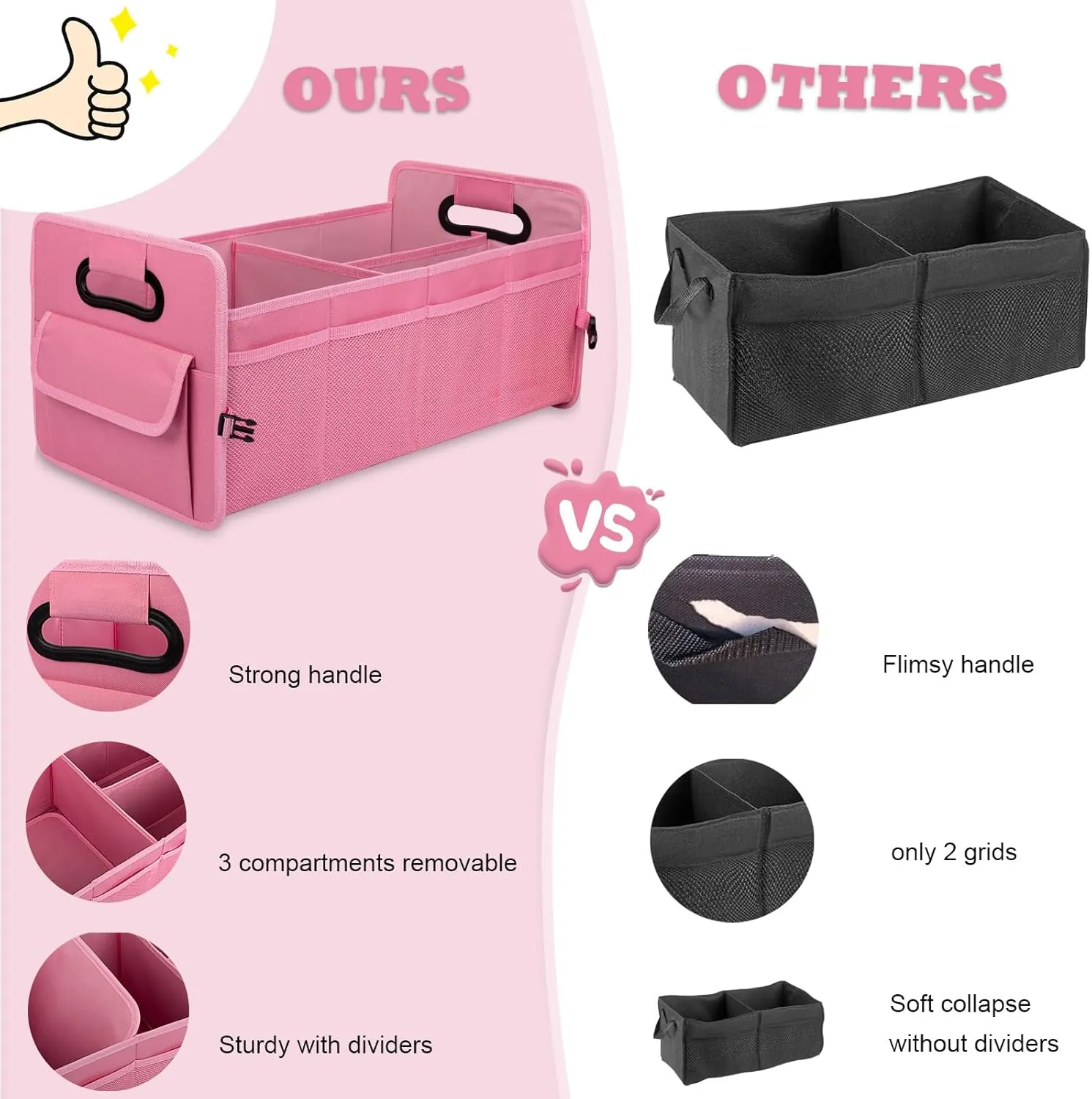 JiatuA Car Trunk Organizer, Car Organizers and Storage Collapsible Multi Compartment Container Box, Adjustable Car Accessories for SUV Sedan Truck, Standard Size, Pink