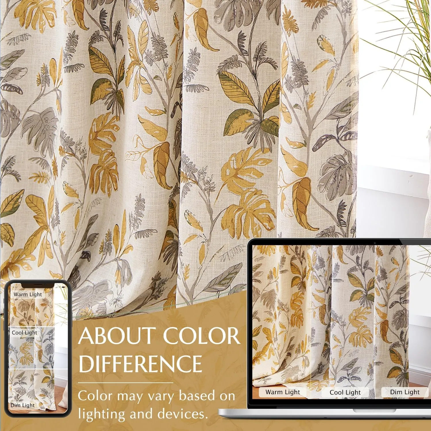 jinchan 100% Blackout Curtains for Bedroom 84 Inches Length Linen Curtains Tropical Yellow Leaf Print Botanical Window Treatment with Lining for Living Room Farmhouse Country Drapes Set 2 Panels