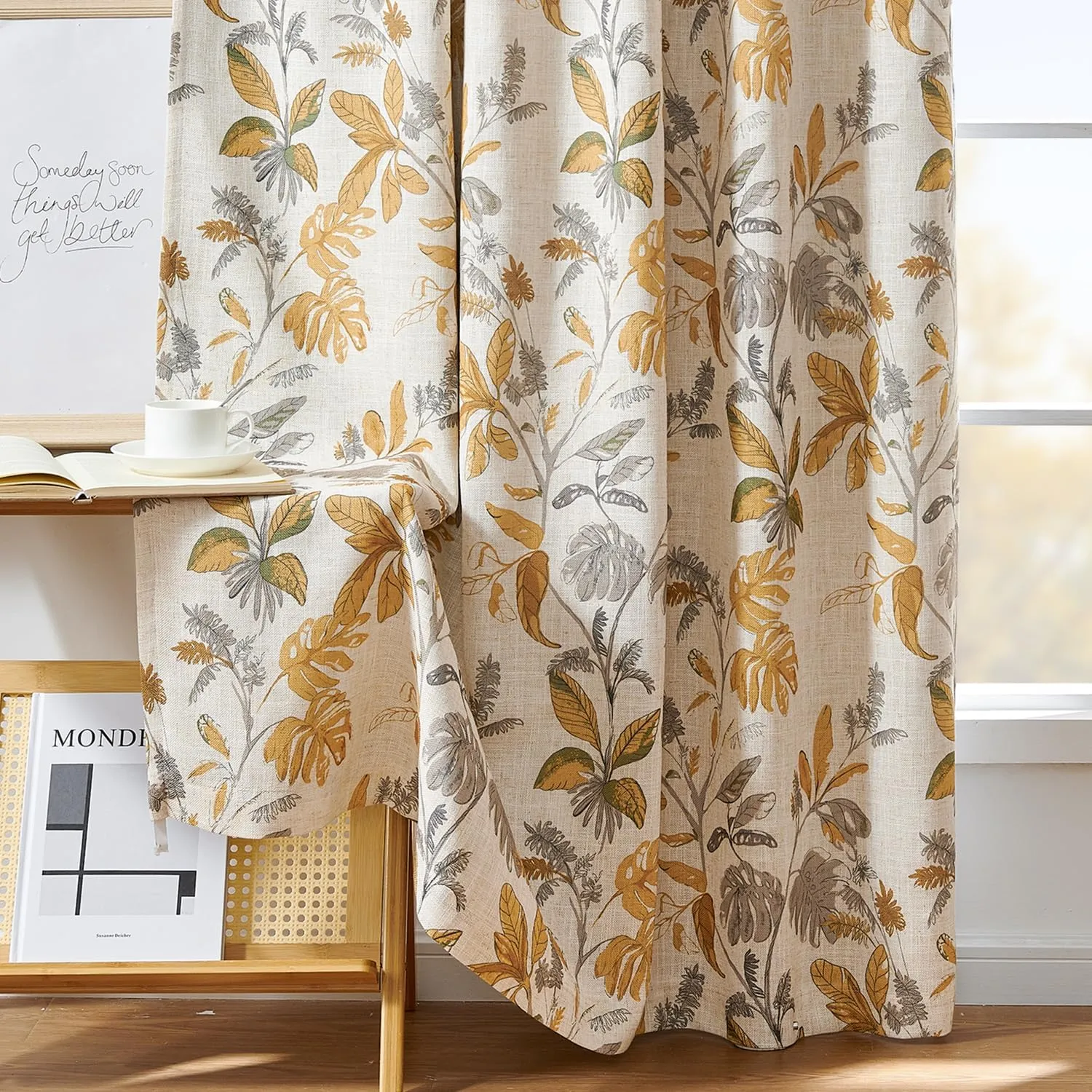 jinchan 100% Blackout Curtains for Bedroom 84 Inches Length Linen Curtains Tropical Yellow Leaf Print Botanical Window Treatment with Lining for Living Room Farmhouse Country Drapes Set 2 Panels
