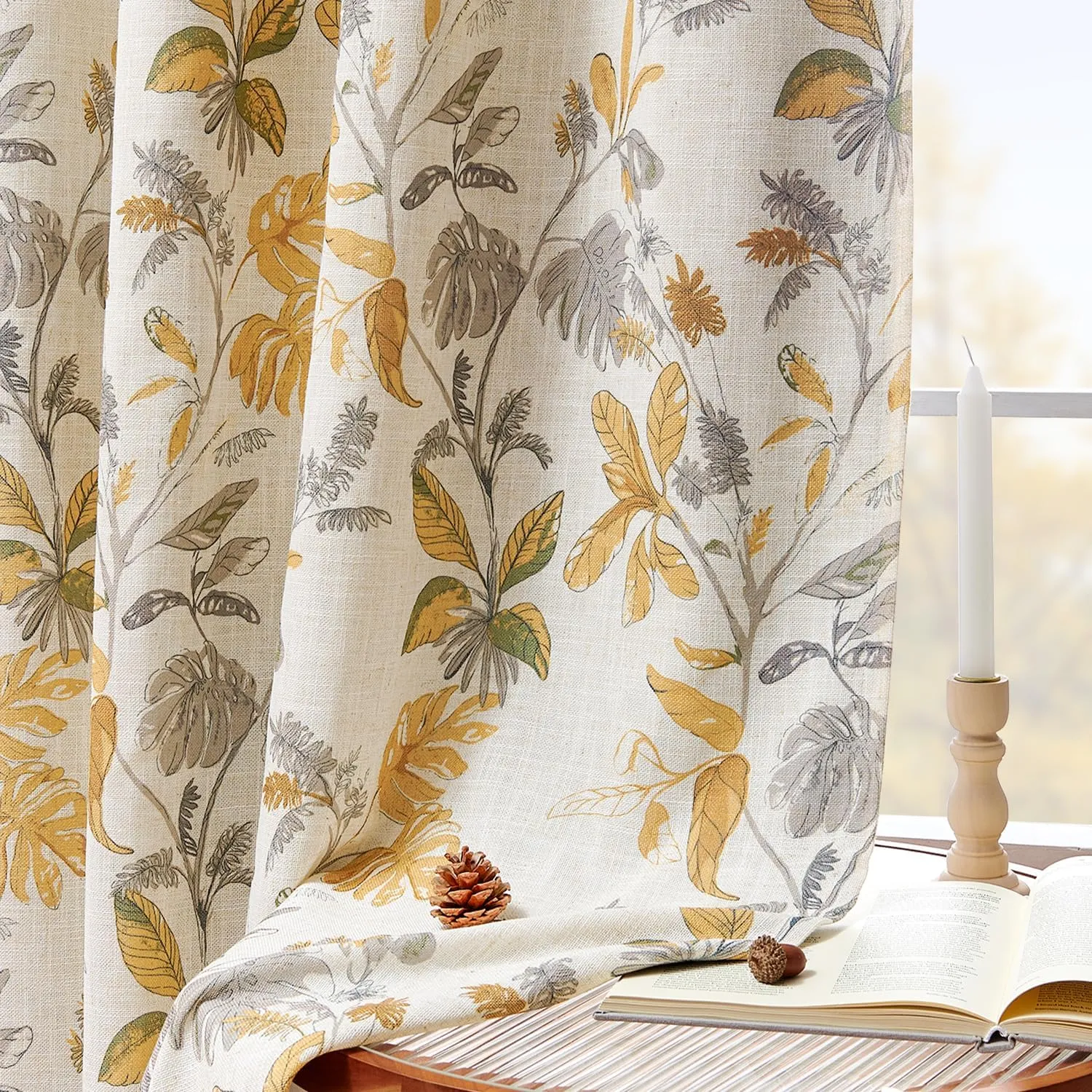 jinchan 100% Blackout Curtains for Bedroom 84 Inches Length Linen Curtains Tropical Yellow Leaf Print Botanical Window Treatment with Lining for Living Room Farmhouse Country Drapes Set 2 Panels