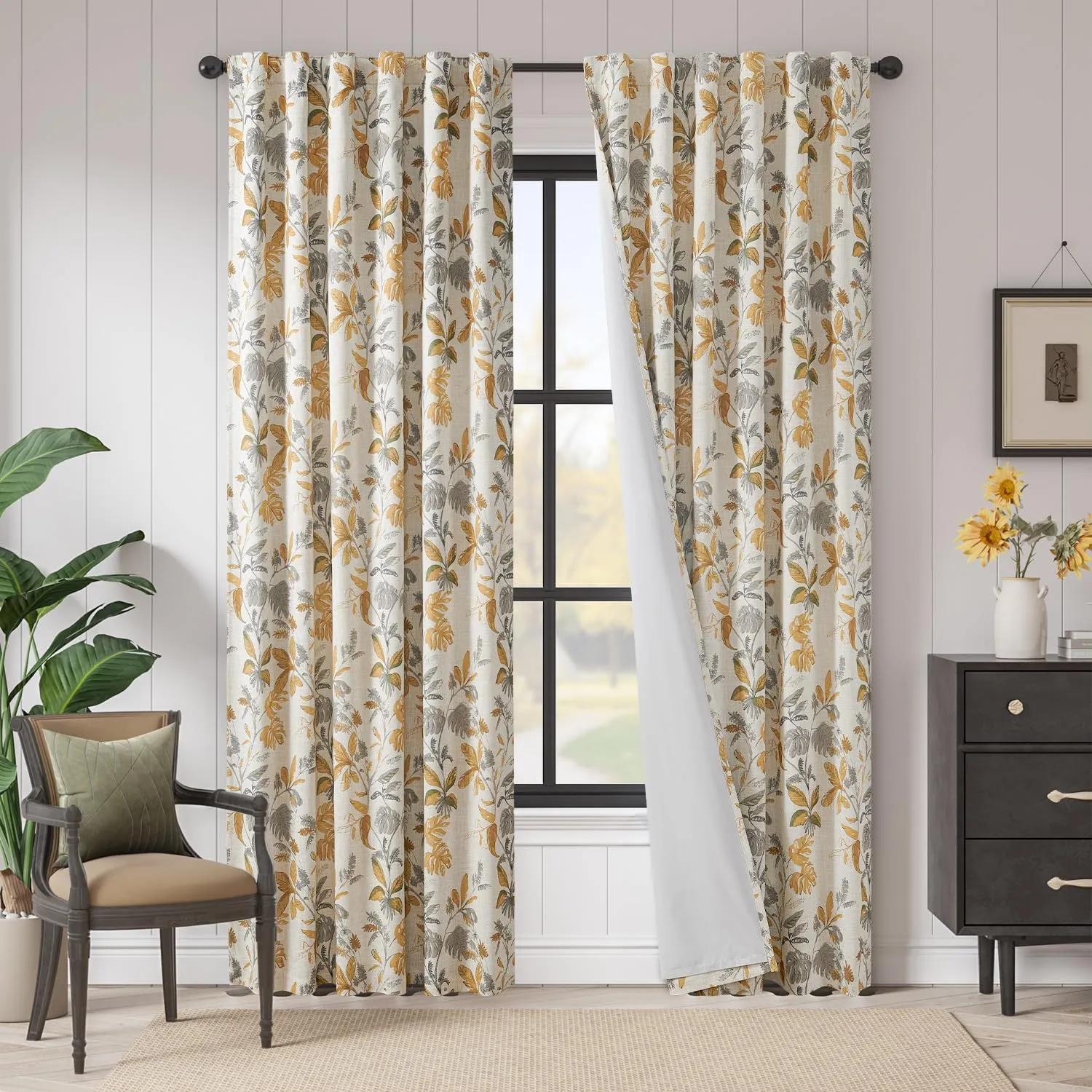 jinchan 100% Blackout Curtains for Bedroom 84 Inches Length Linen Curtains Tropical Yellow Leaf Print Botanical Window Treatment with Lining for Living Room Farmhouse Country Drapes Set 2 Panels