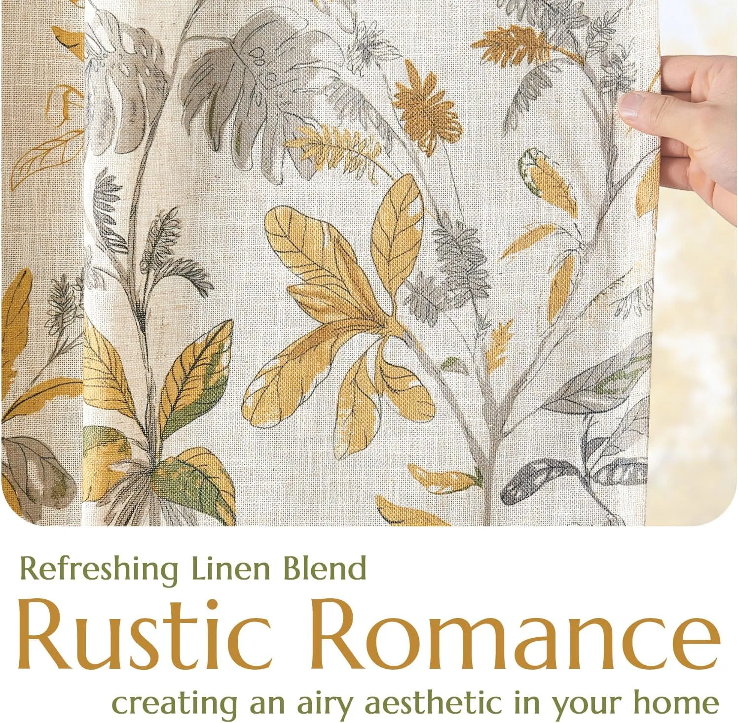 jinchan 100% Blackout Curtains for Bedroom 84 Inches Length Linen Curtains Tropical Yellow Leaf Print Botanical Window Treatment with Lining for Living Room Farmhouse Country Drapes Set 2 Panels