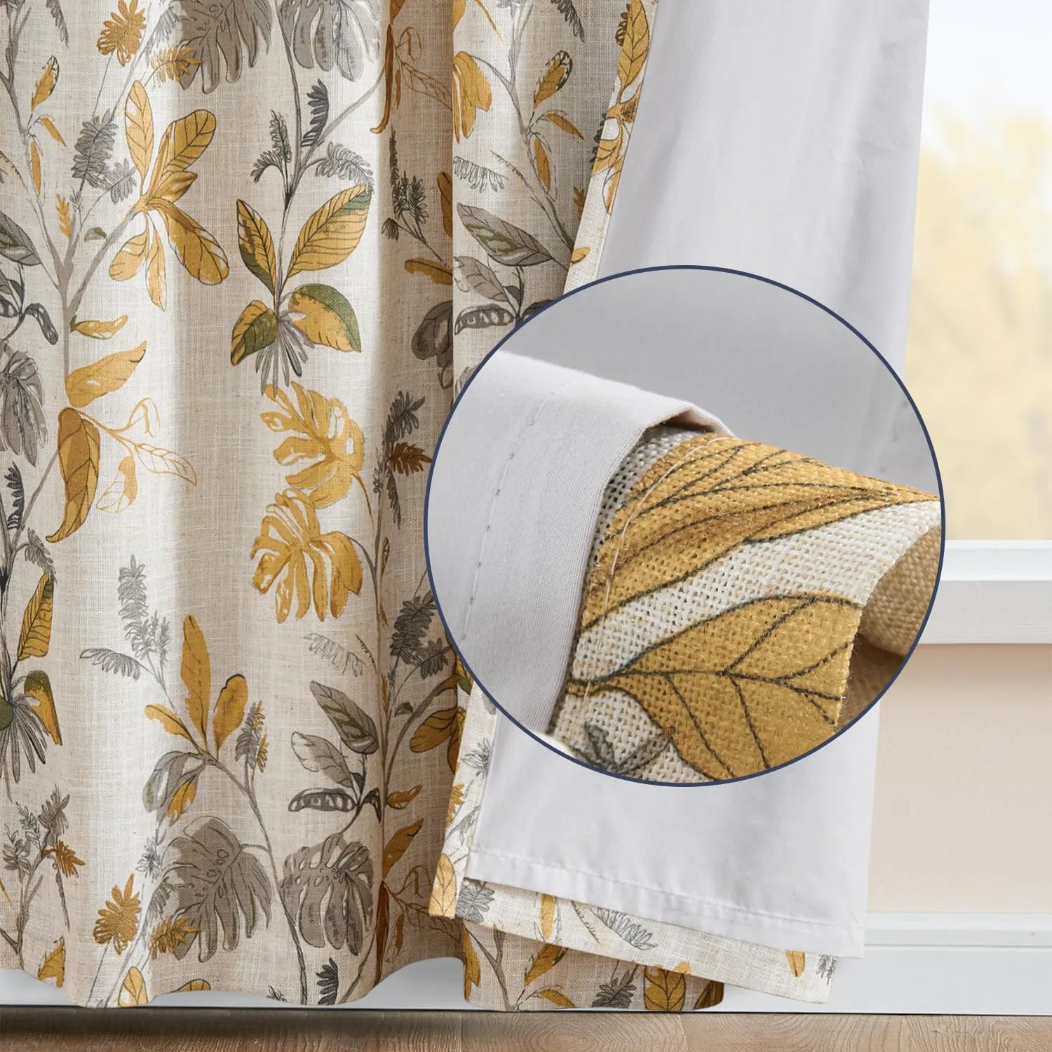 jinchan 100% Blackout Curtains for Bedroom 84 Inches Length Linen Curtains Tropical Yellow Leaf Print Botanical Window Treatment with Lining for Living Room Farmhouse Country Drapes Set 2 Panels