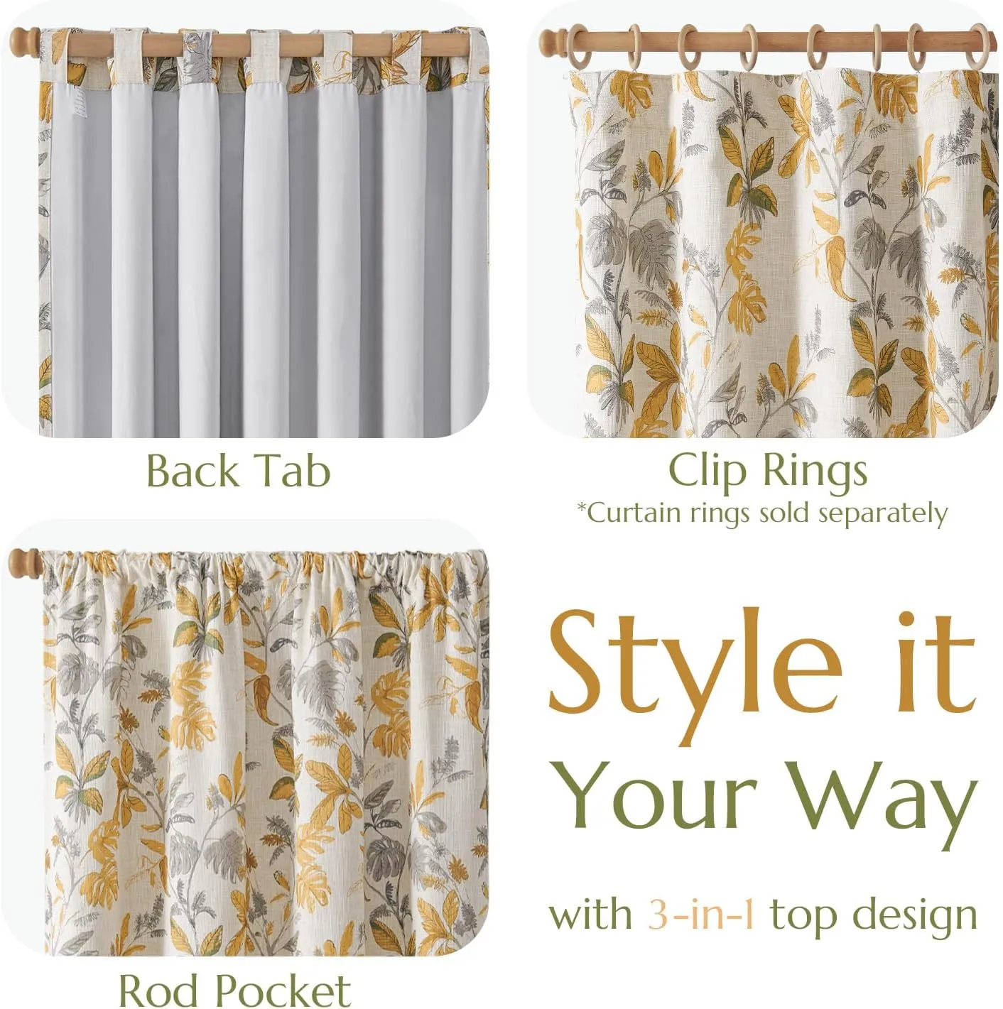 jinchan 100% Blackout Curtains for Bedroom 84 Inches Length Linen Curtains Tropical Yellow Leaf Print Botanical Window Treatment with Lining for Living Room Farmhouse Country Drapes Set 2 Panels