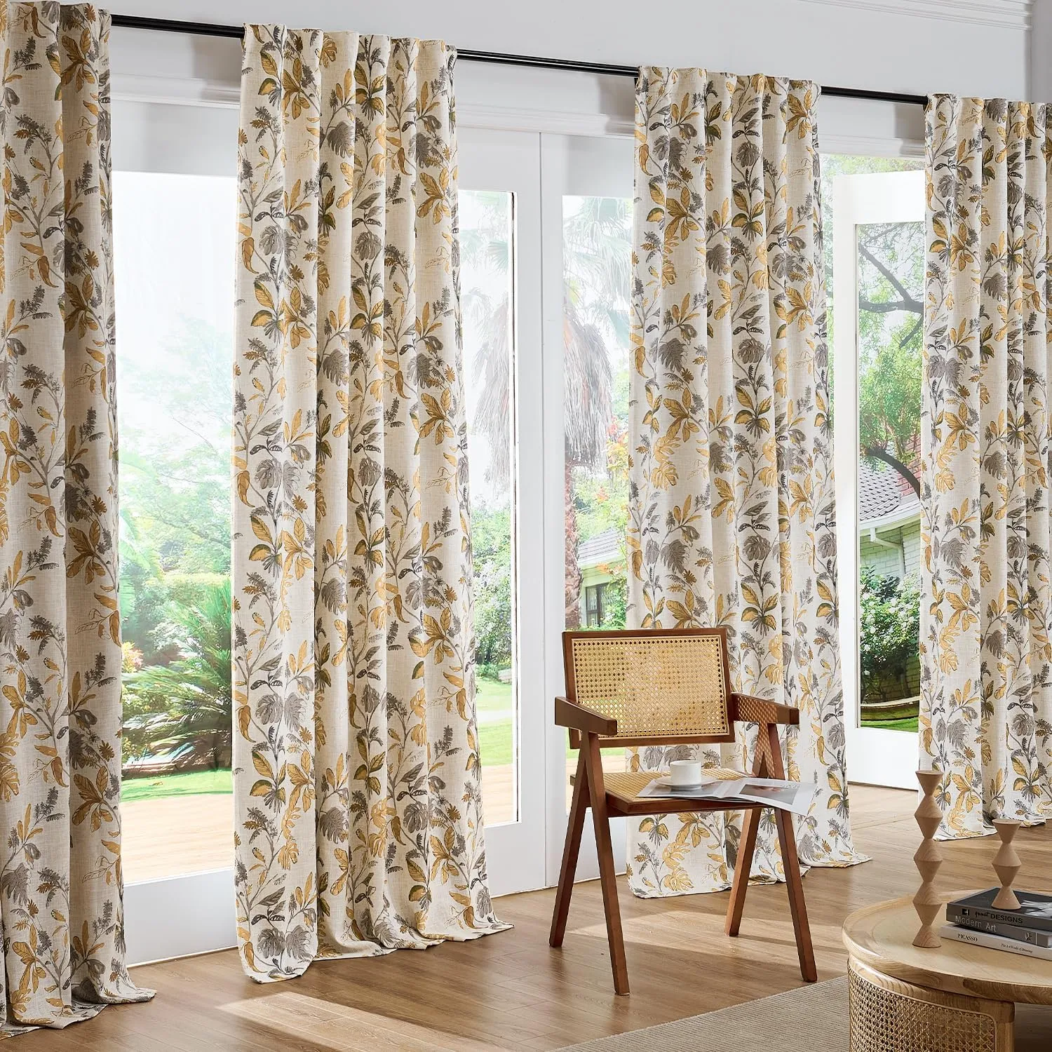 jinchan 100% Blackout Curtains for Bedroom 84 Inches Length Linen Curtains Tropical Yellow Leaf Print Botanical Window Treatment with Lining for Living Room Farmhouse Country Drapes Set 2 Panels