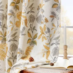 jinchan 100% Blackout Curtains for Bedroom 84 Inches Length Linen Curtains Tropical Yellow Leaf Print Botanical Window Treatment with Lining for Living Room Farmhouse Country Drapes Set 2 Panels