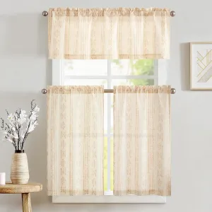 jinchan Boho Stripe Kitchen Curtains and Valance Set Linen Tier Curtains Bohemian Small Window Drapes 36 Inch for Cafe Living Room Bathroom Window Treatments Rod Pocket 3 Pieces Set Taupe on Beige