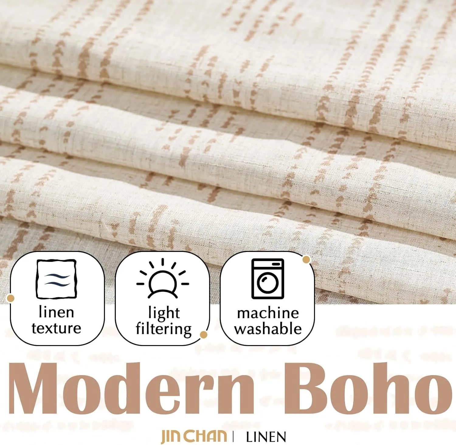 jinchan Boho Stripe Kitchen Curtains and Valance Set Linen Tier Curtains Bohemian Small Window Drapes 36 Inch for Cafe Living Room Bathroom Window Treatments Rod Pocket 3 Pieces Set Taupe on Beige