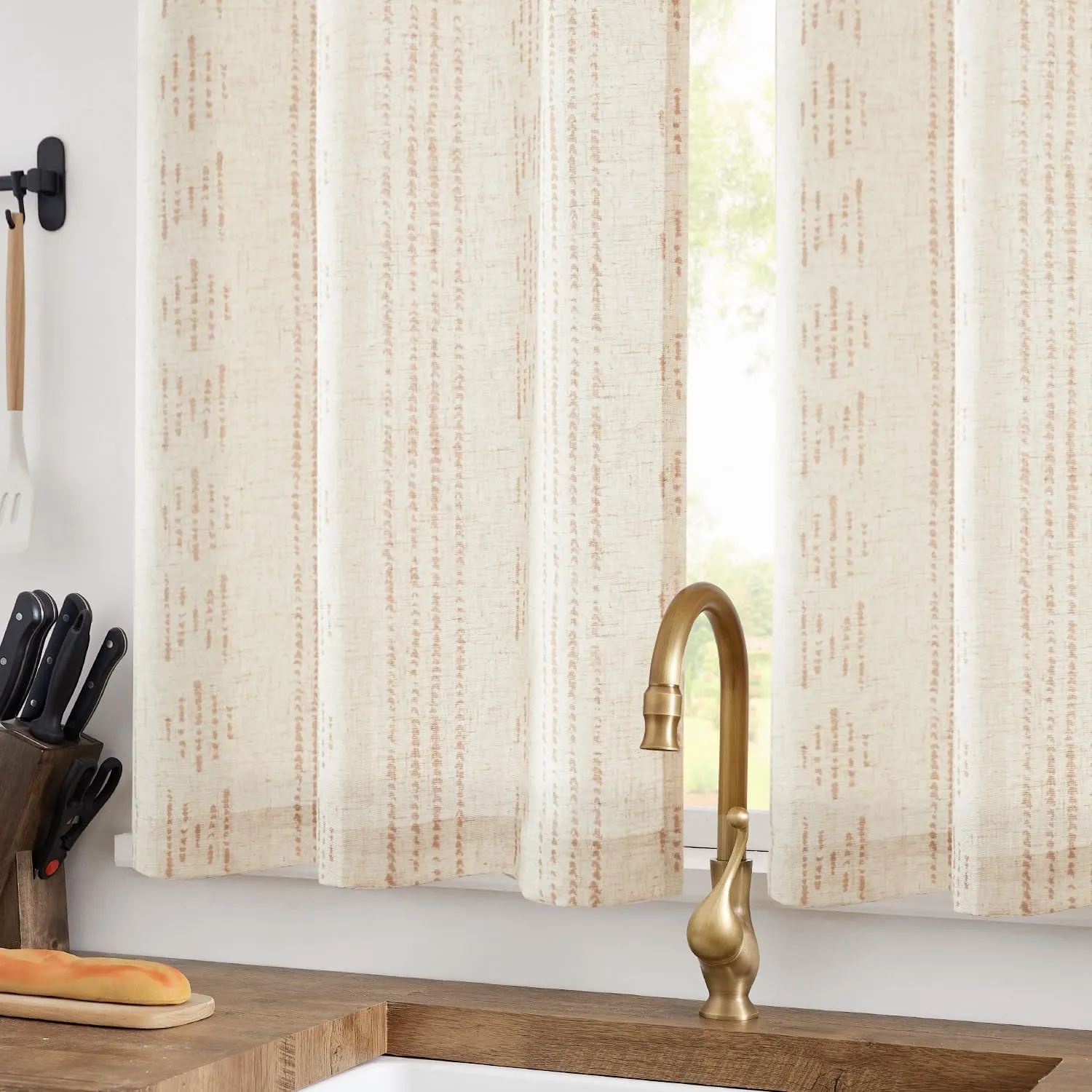 jinchan Boho Stripe Kitchen Curtains and Valance Set Linen Tier Curtains Bohemian Small Window Drapes 36 Inch for Cafe Living Room Bathroom Window Treatments Rod Pocket 3 Pieces Set Taupe on Beige