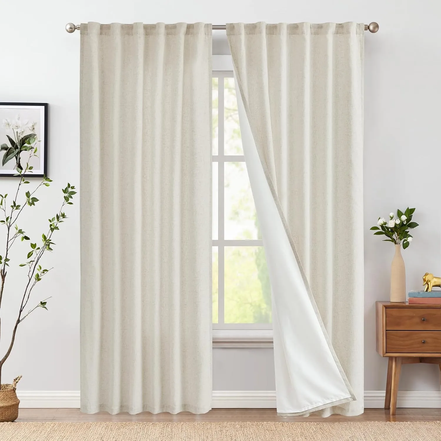 jinchan Linen Beige Curtains 84 Inches Long for Living Room Farmhouse Rod Pocket Back Tab Light Filtering Window Drapes with Lined for Bedroom Crude 2 Panels Ecru