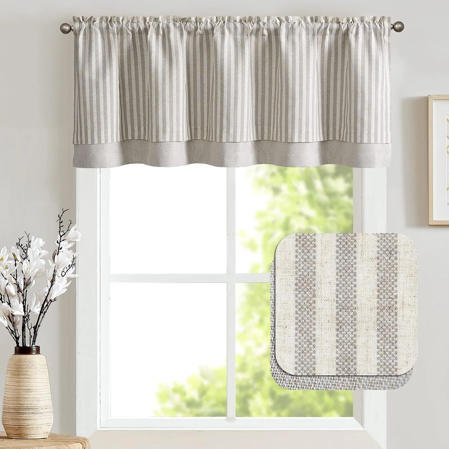 jinchan Linen Valance Curtain Striped Valance for Windows 18 Inch Blackout Kitchen Curtain Farmhouse Double Layer for Living Room Ticking Rod Pocket 1 Panel Taupe Grey on Beige
