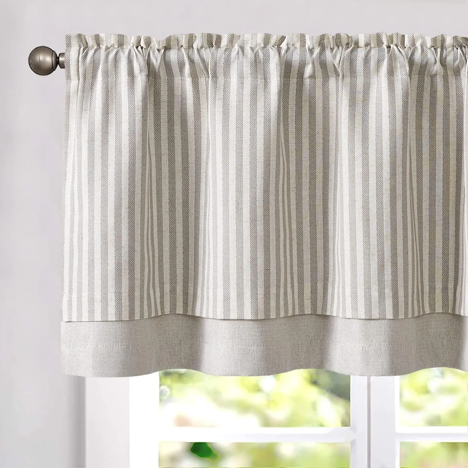 jinchan Linen Valance Curtain Striped Valance for Windows 18 Inch Blackout Kitchen Curtain Farmhouse Double Layer for Living Room Ticking Rod Pocket 1 Panel Taupe Grey on Beige