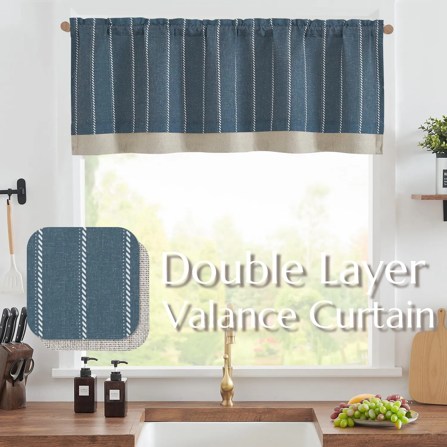 jinchan Nautical Valance Striped Linen Curtain 16 Inch Farmhouse Room Darkening Double Layer Valance for Kitchen Living Room Bathroom Windows Blackout Pinstripe Window Treatment 1 Panel Blue