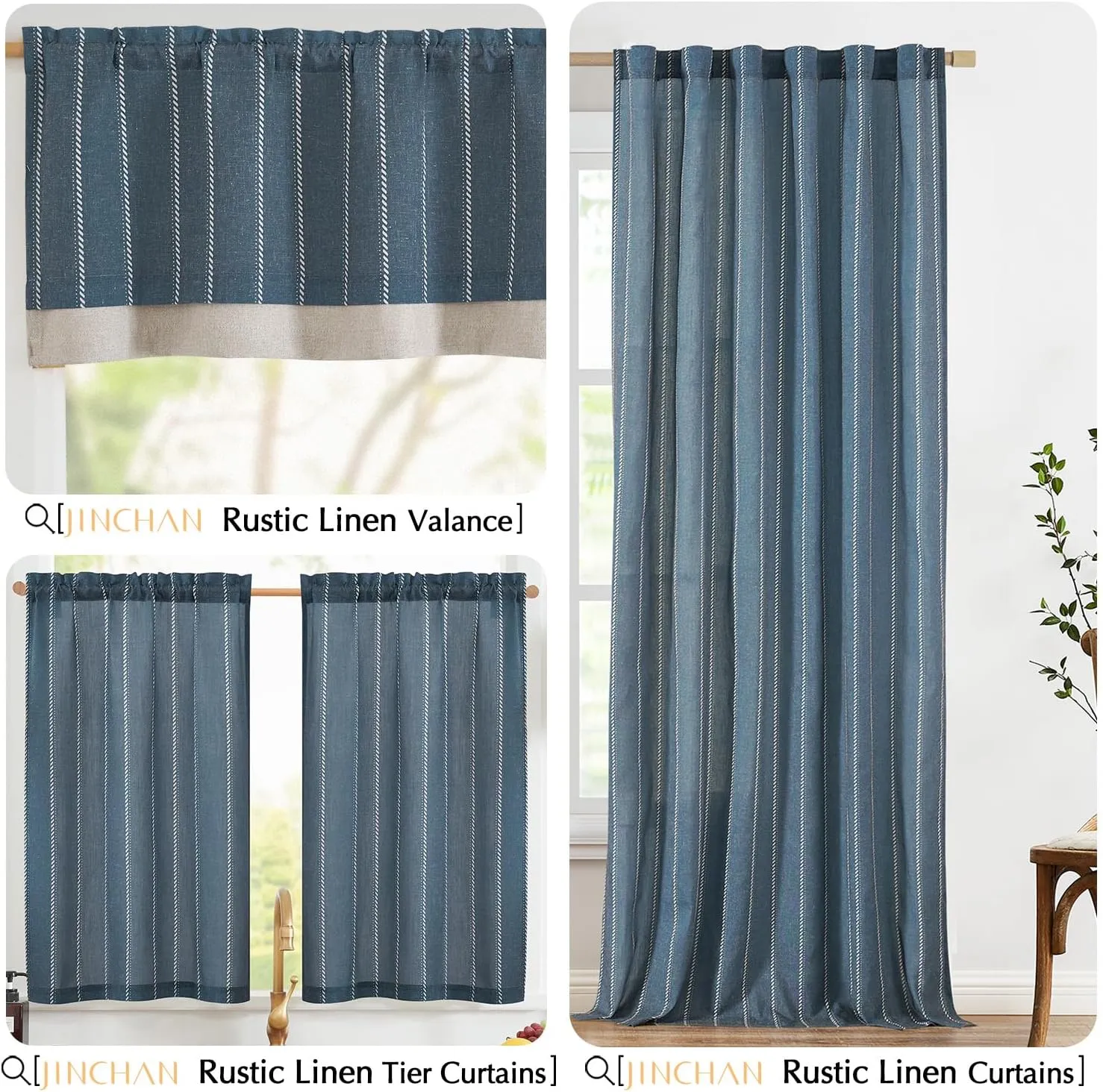 jinchan Nautical Valance Striped Linen Curtain 16 Inch Farmhouse Room Darkening Double Layer Valance for Kitchen Living Room Bathroom Windows Blackout Pinstripe Window Treatment 1 Panel Blue