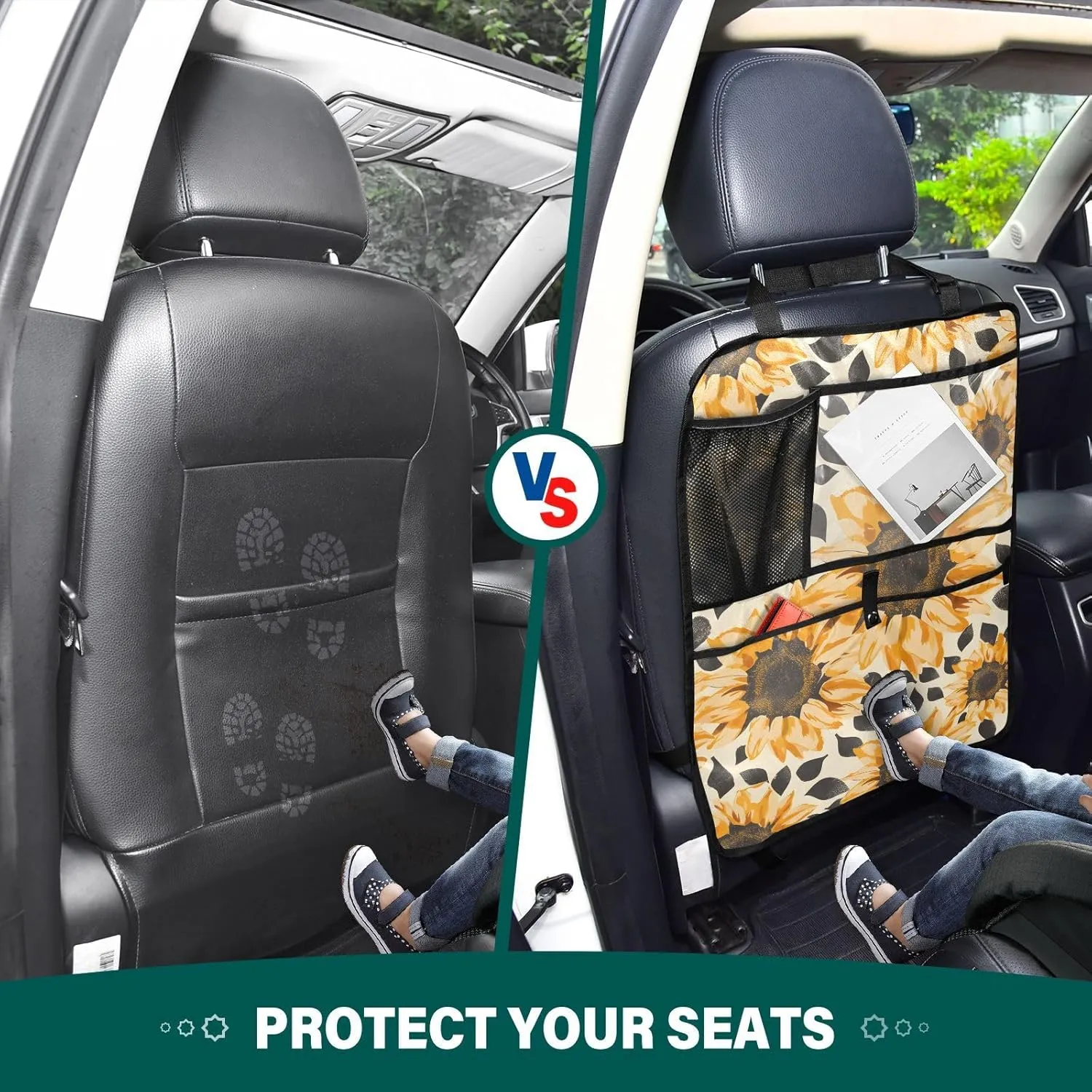 JIPONI Car Backseat Organizer, Sunflowers Leopard Automotive Back Seat Protector, Kick Mats with Storage Pockets for Kids Pets, Road Trip Accessories (2 Pack)