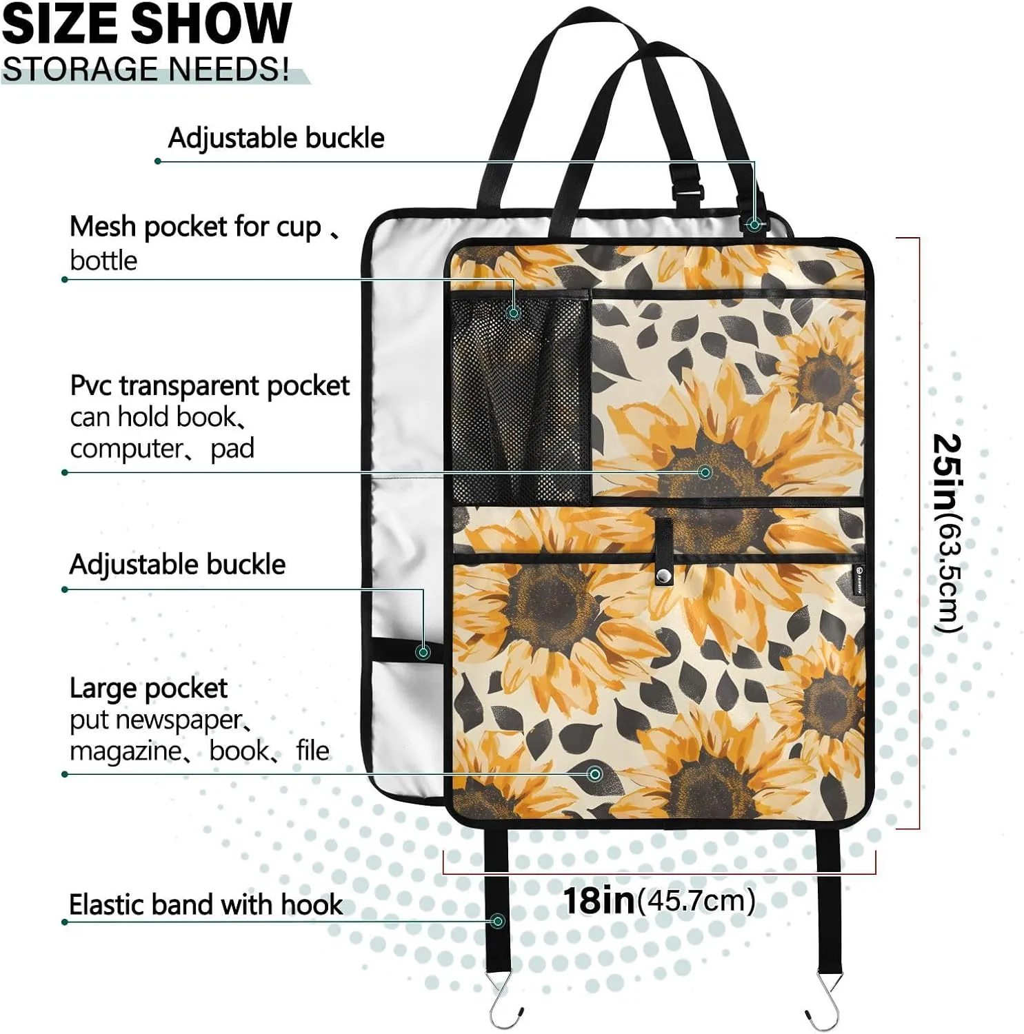 JIPONI Car Backseat Organizer, Sunflowers Leopard Automotive Back Seat Protector, Kick Mats with Storage Pockets for Kids Pets, Road Trip Accessories (2 Pack)