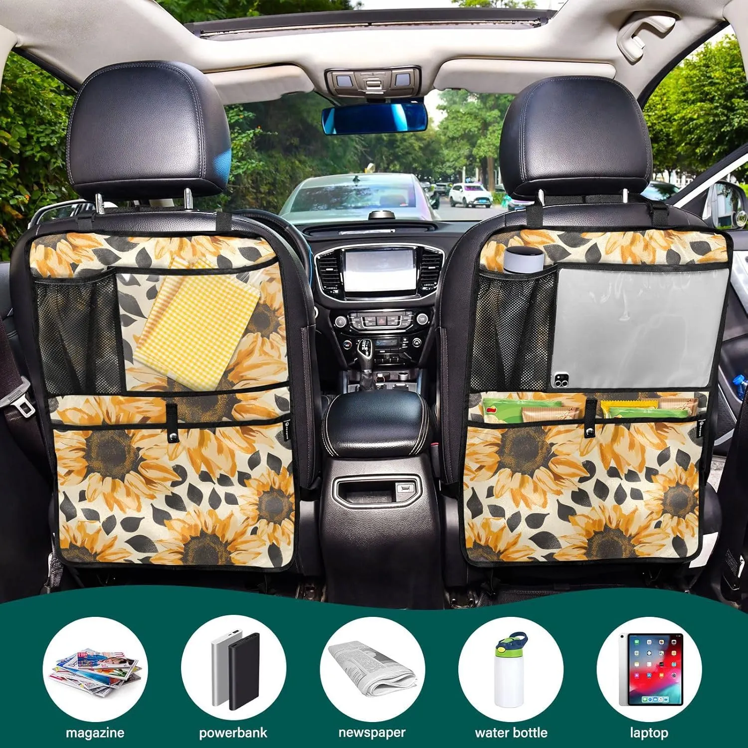 JIPONI Car Backseat Organizer, Sunflowers Leopard Automotive Back Seat Protector, Kick Mats with Storage Pockets for Kids Pets, Road Trip Accessories (2 Pack)