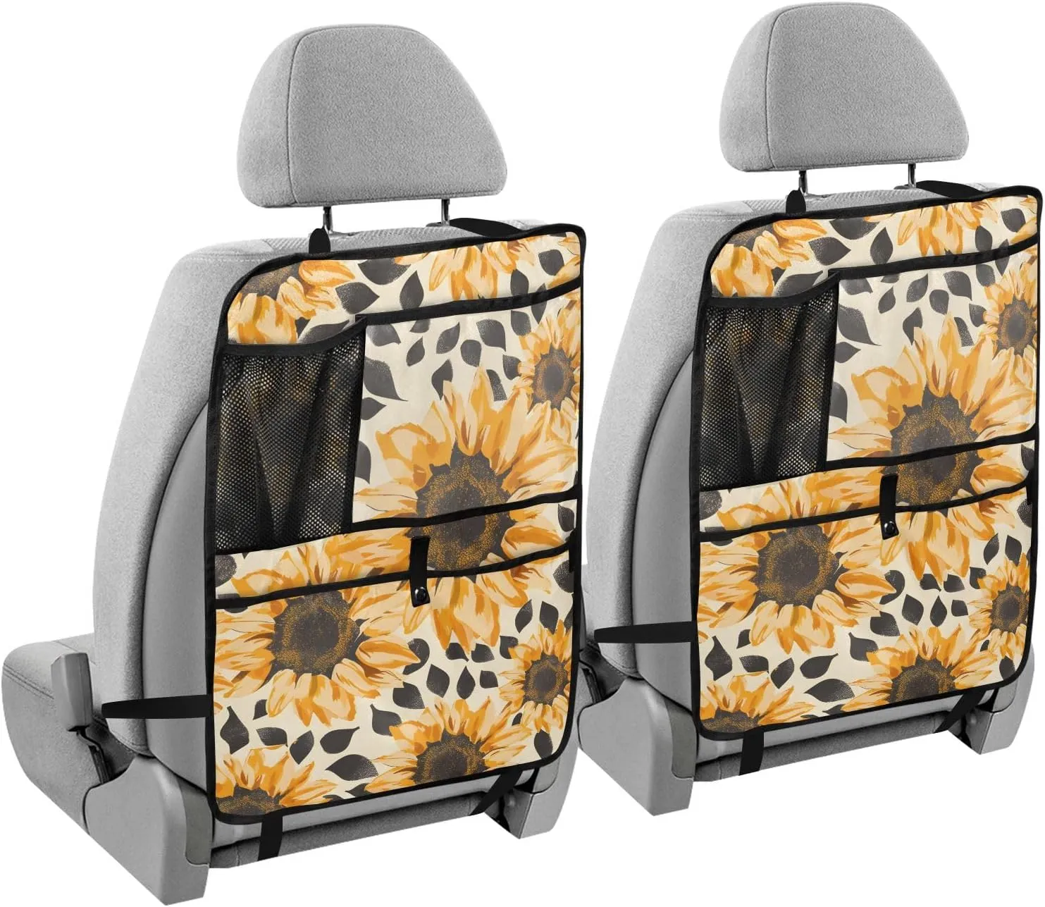 JIPONI Car Backseat Organizer, Sunflowers Leopard Automotive Back Seat Protector, Kick Mats with Storage Pockets for Kids Pets, Road Trip Accessories (2 Pack)