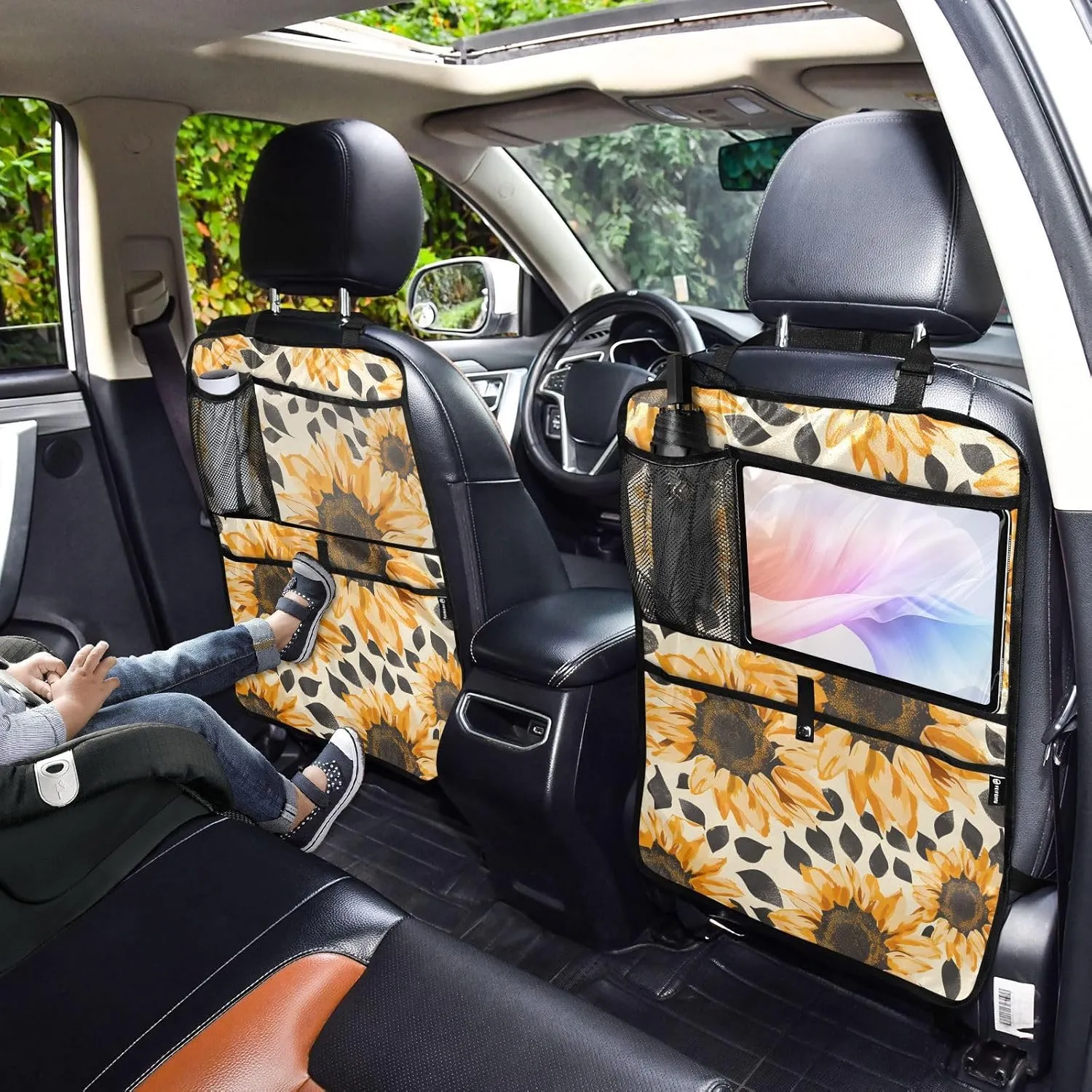 JIPONI Car Backseat Organizer, Sunflowers Leopard Automotive Back Seat Protector, Kick Mats with Storage Pockets for Kids Pets, Road Trip Accessories (2 Pack)