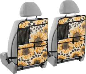 JIPONI Car Backseat Organizer, Sunflowers Leopard Automotive Back Seat Protector, Kick Mats with Storage Pockets for Kids Pets, Road Trip Accessories (2 Pack)