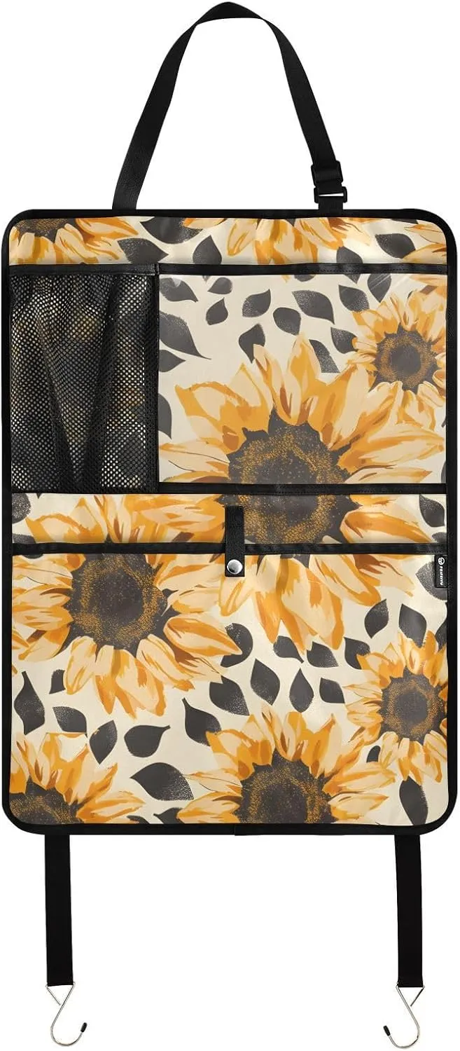 JIPONI Car Backseat Organizer, Sunflowers Leopard Automotive Back Seat Protector, Kick Mats with Storage Pockets for Kids Pets, Road Trip Accessories (2 Pack)
