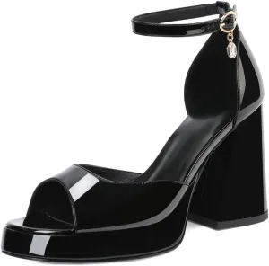 Joseywade Heeled Sandals Strappy Platform Chunky Block High Heels Round Open Toe 4 Inch Ankle Strap Sexy Work Dance Shoes