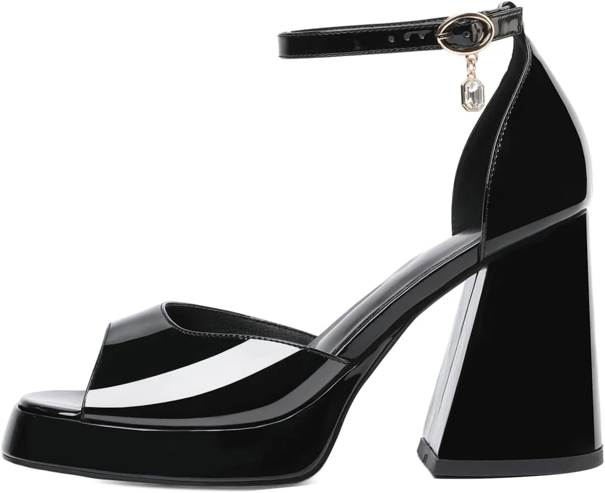 Joseywade Heeled Sandals Strappy Platform Chunky Block High Heels Round Open Toe 4 Inch Ankle Strap Sexy Work Dance Shoes