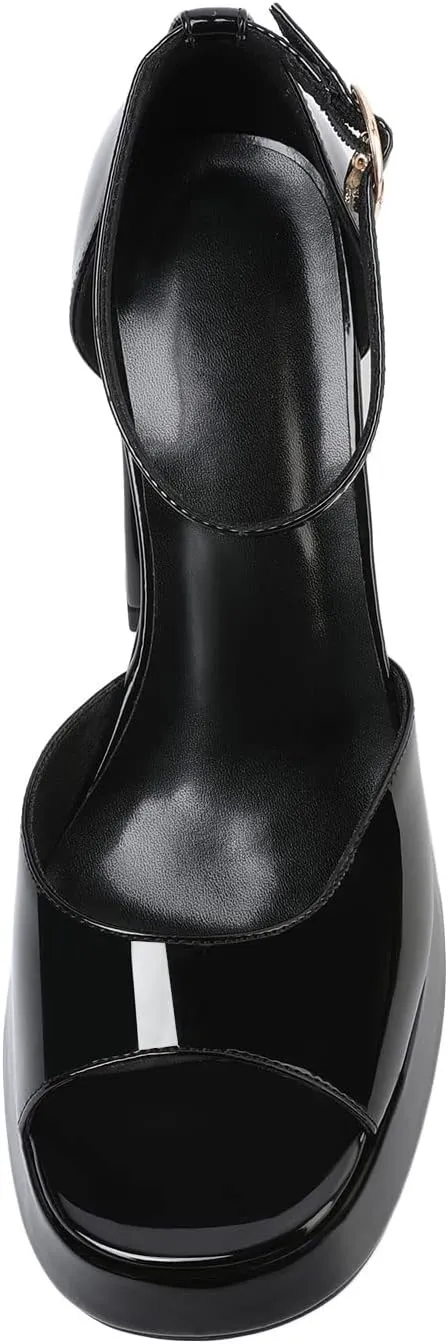 Joseywade Heeled Sandals Strappy Platform Chunky Block High Heels Round Open Toe 4 Inch Ankle Strap Sexy Work Dance Shoes