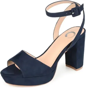 Journee Collection Open Toe Strappy Platform Pumps for Women - Nairri Ankle Strap Chunky High Block Heel Sandal - 8 Wide - Blue