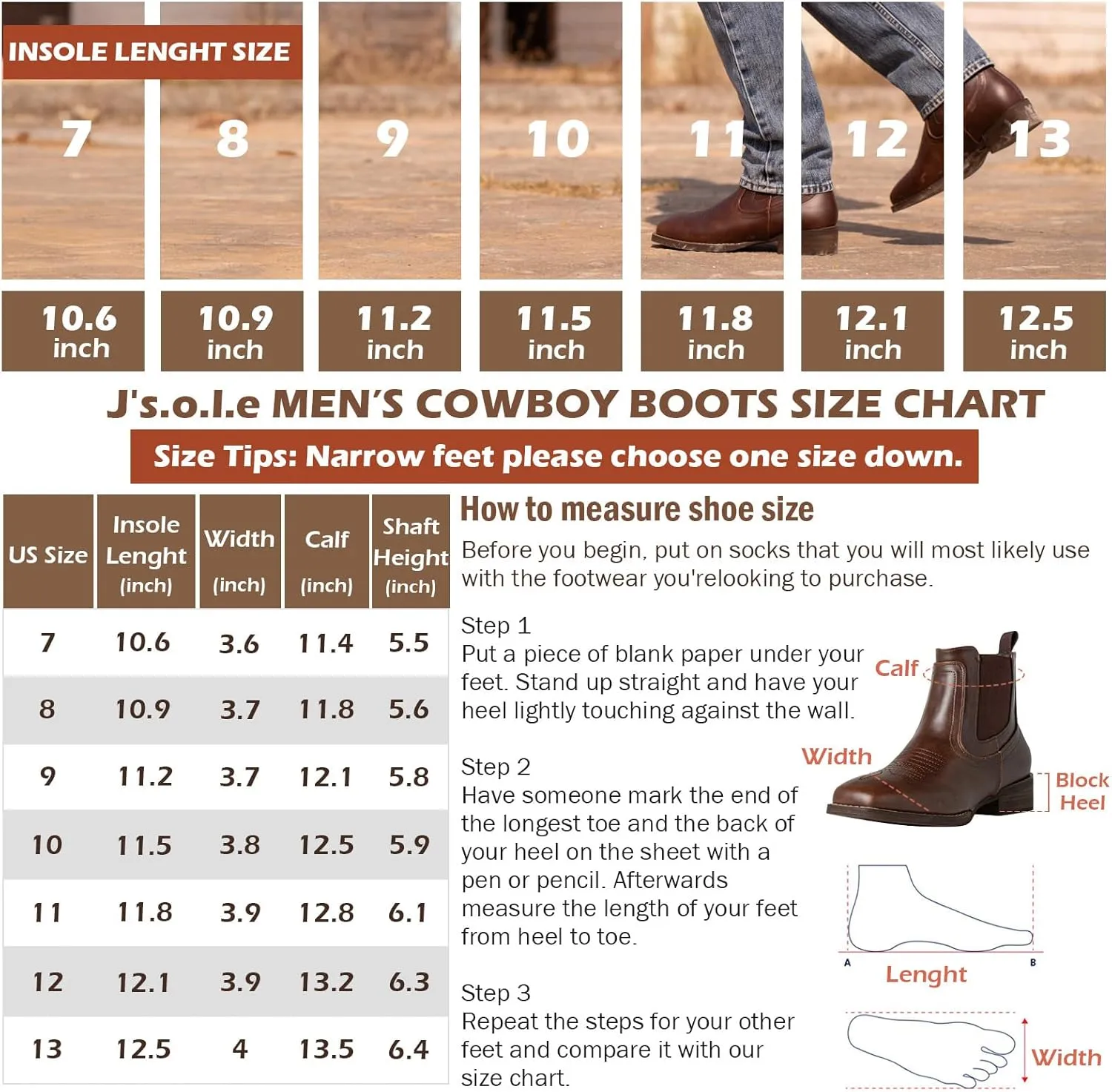J's.o.l.e Cowboy Boots for Men Western Square Toe Ankle Chelsea Boots