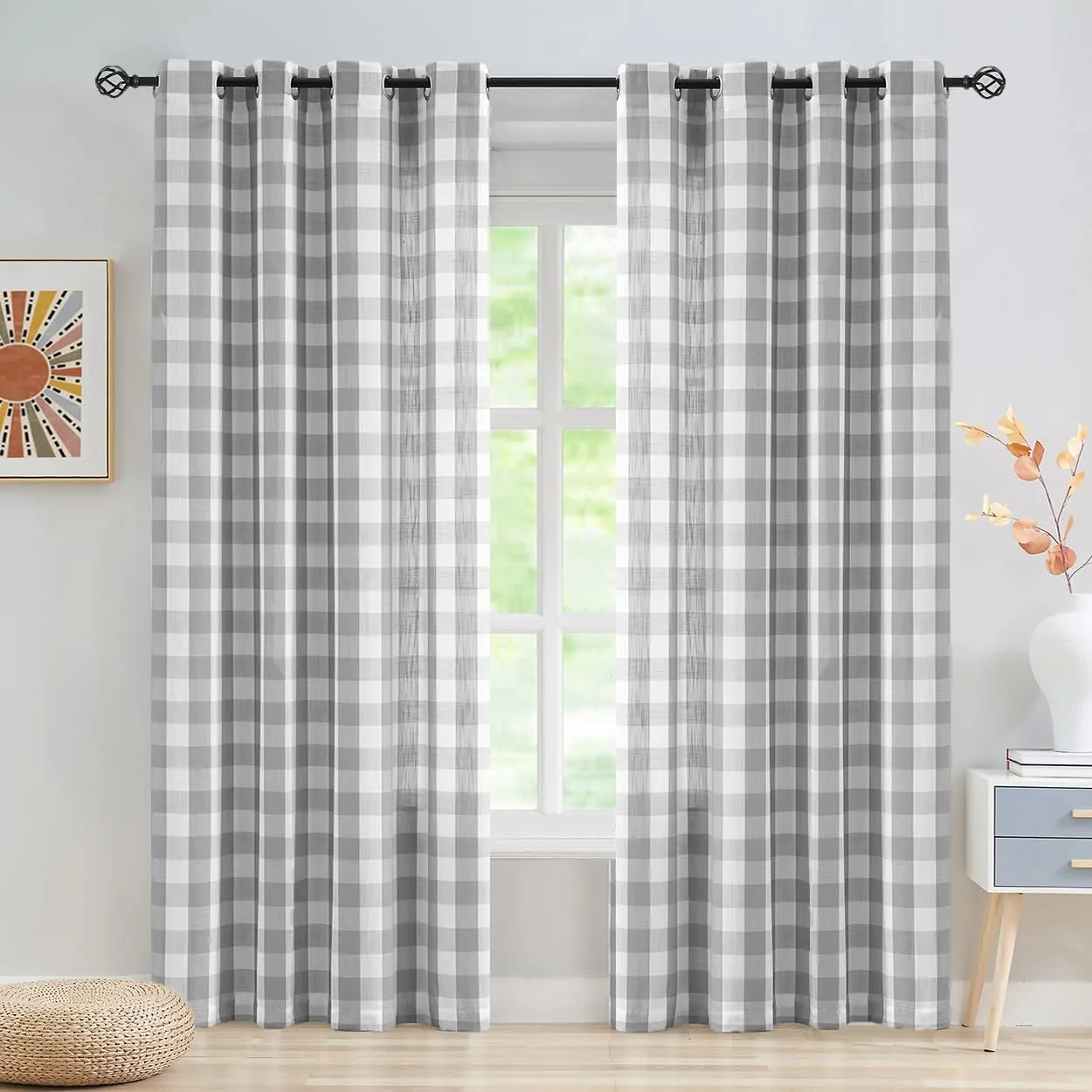Jubilantex Buffalo Check Semi Sheer Curtain Panels Grey and White Gingham Curtains Farmhouse Style Grommet Top for Living Room Bedroom 52"x84",2 Pcs