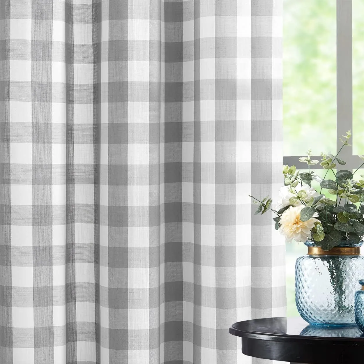 Jubilantex Buffalo Check Semi Sheer Curtain Panels Grey and White Gingham Curtains Farmhouse Style Grommet Top for Living Room Bedroom 52"x84",2 Pcs
