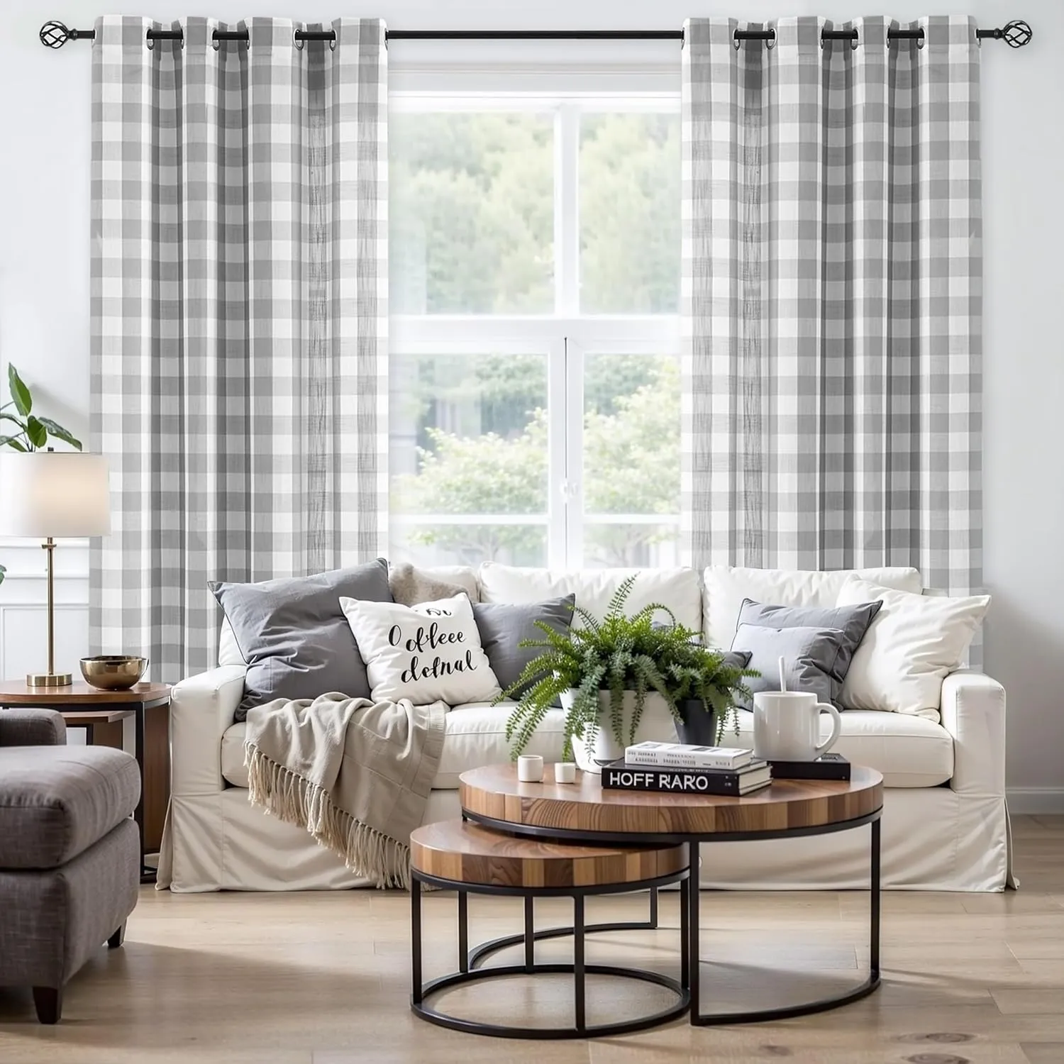 Jubilantex Buffalo Check Semi Sheer Curtain Panels Grey and White Gingham Curtains Farmhouse Style Grommet Top for Living Room Bedroom 52"x84",2 Pcs